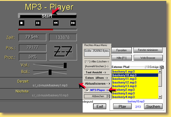 Der MP3-Player spielt hintereinander die MP3-Dateien ab.