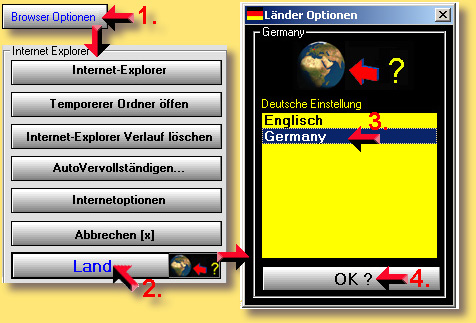 Temporäre-Verwaltung + Länder-Optionfenster. Click-Button Germany + English